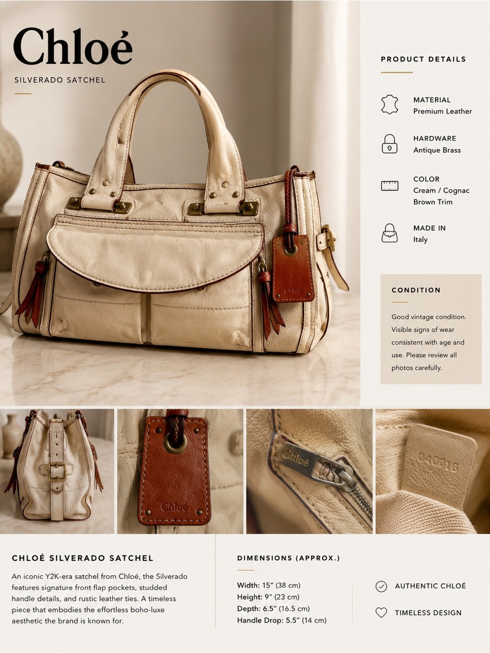 Chloé Silverado Satchel Bag Cream Leather Brown Trim Authentic Y2K